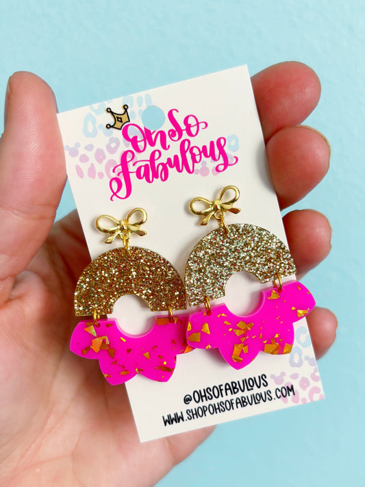 Gold and Fuchsia Geometric Bow Earrings