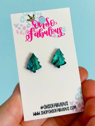 Christmas Earrings /// Green Marble Tree Studs