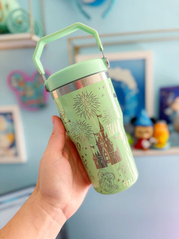 Magical Characters 20oz Flip-Top Handle Tumbler // Green Engraved Stainless Steel