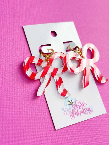 Red and White Striped Bows /// Christmas Dangle Earrings