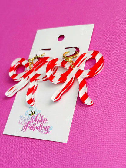 Red and White Striped Bows /// Christmas Dangle Earrings