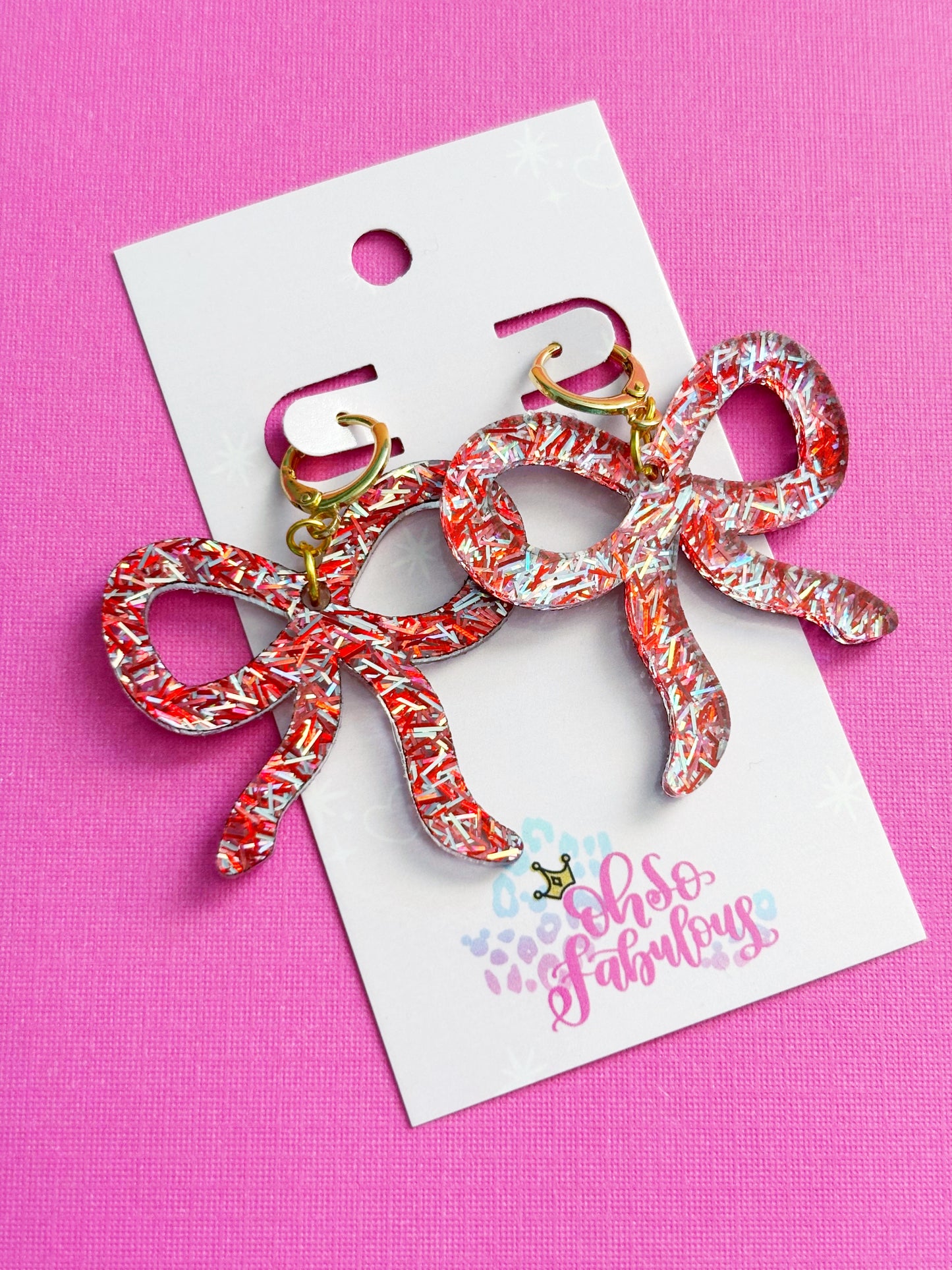 Red and Holographic Tinsel Bows /// Christmas Dangle Earrings