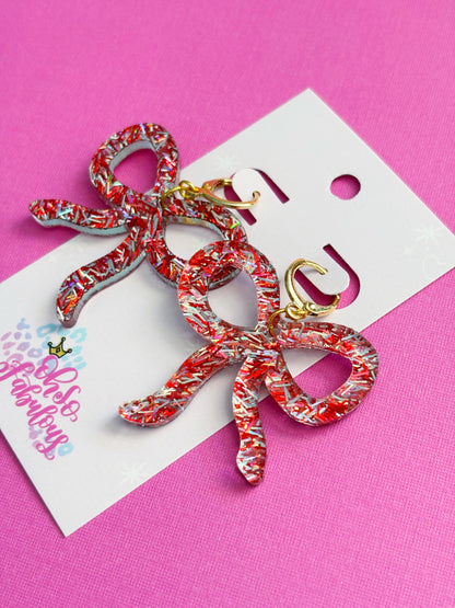 Red and Holographic Tinsel Bows /// Christmas Dangle Earrings