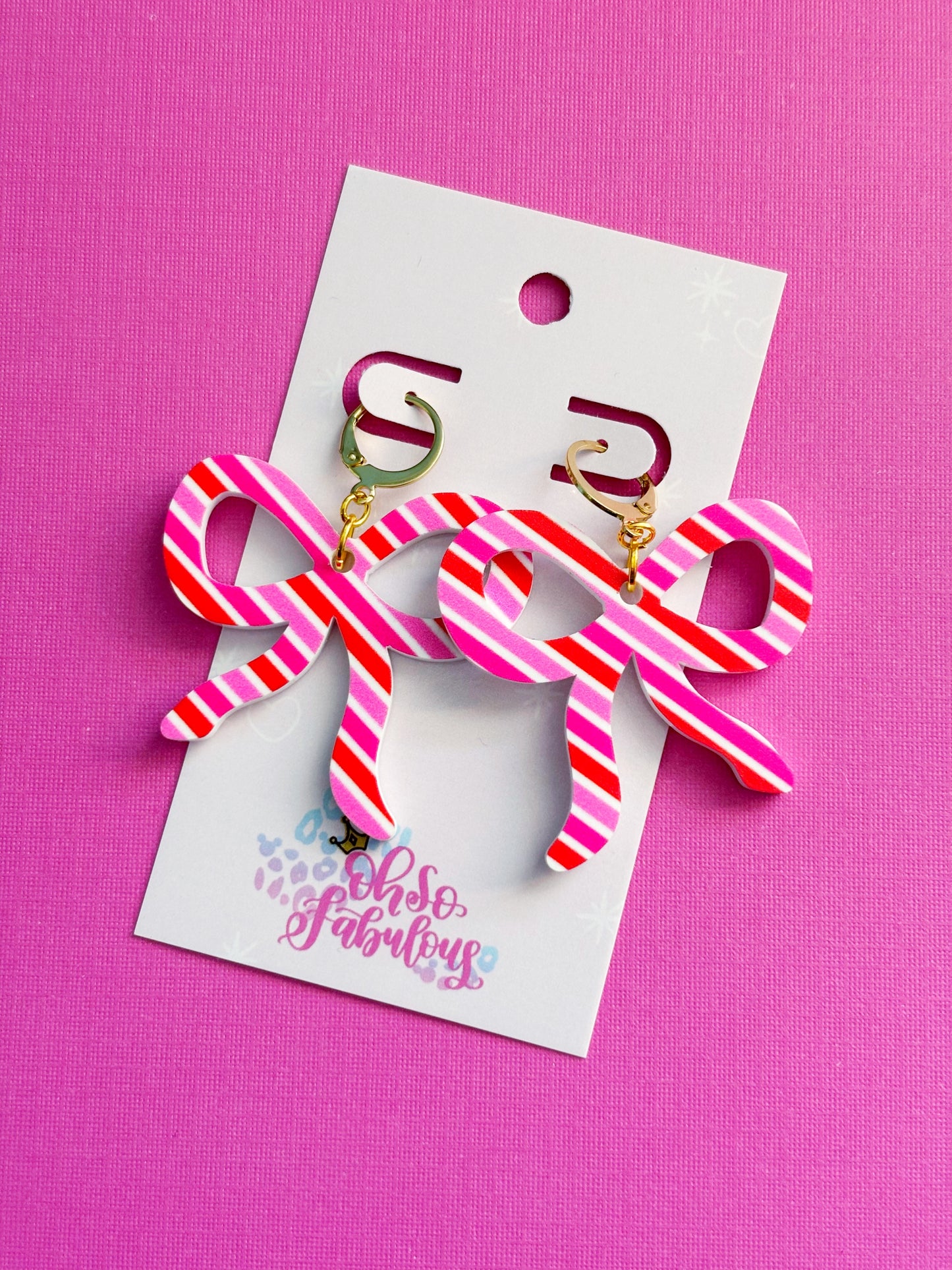 Pink and Red Striped Bow Dangle Earrings /// Valentines Day