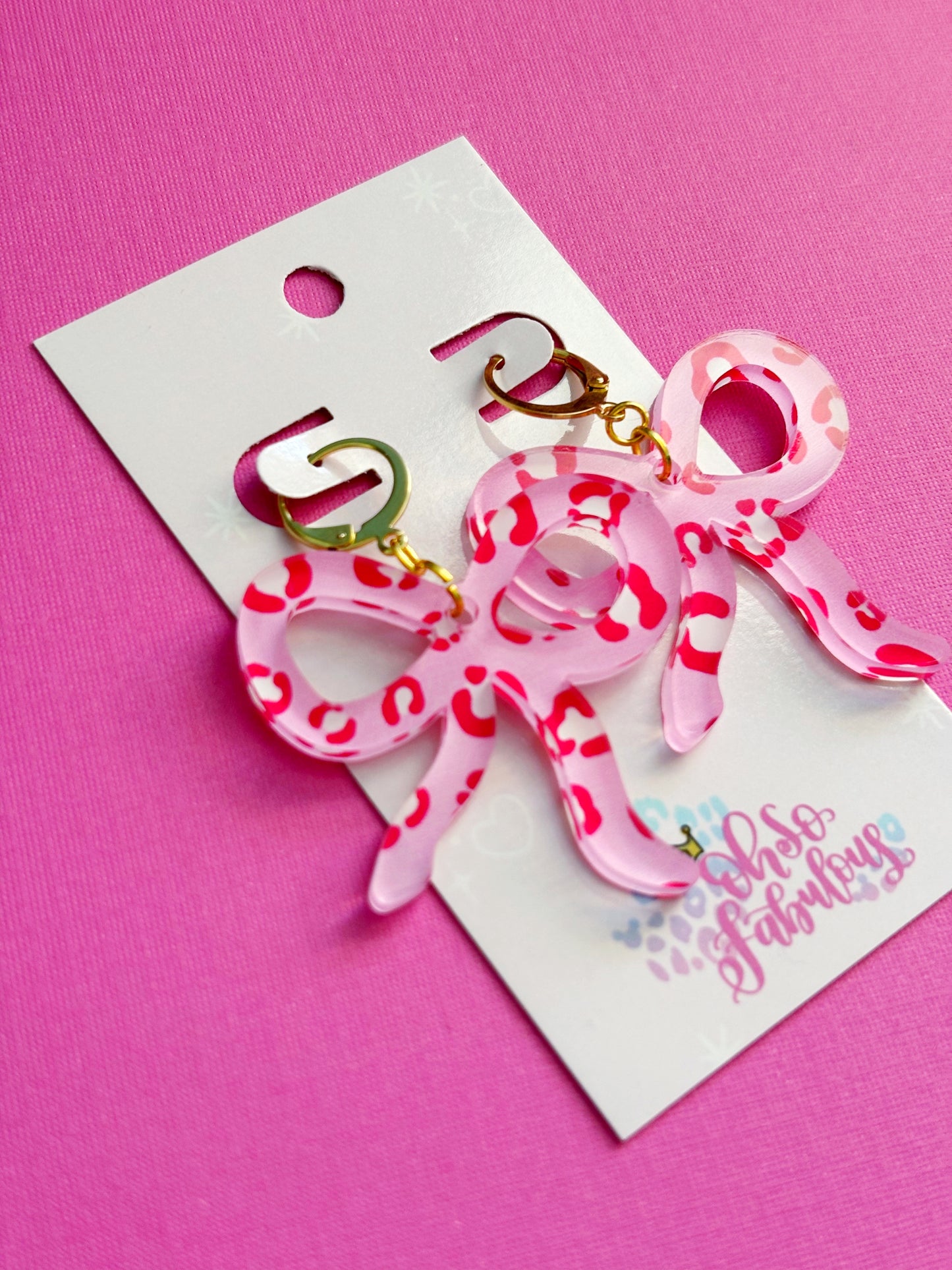 Pink and Red Cheetah Print Bow Dangle Earrings /// Valentines Day