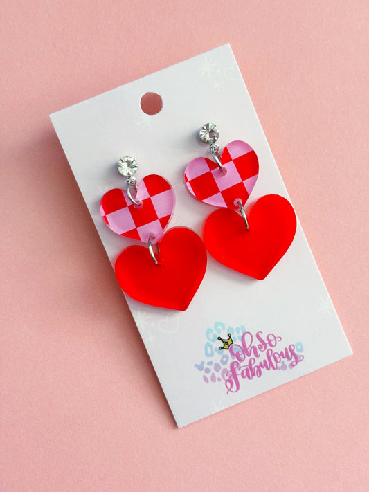 Pink and Red Check Heart Stacker Earrings /// Valentines Day