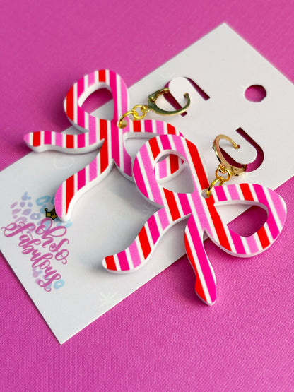 Pink and Red Striped Bow Dangle Earrings /// Valentines Day
