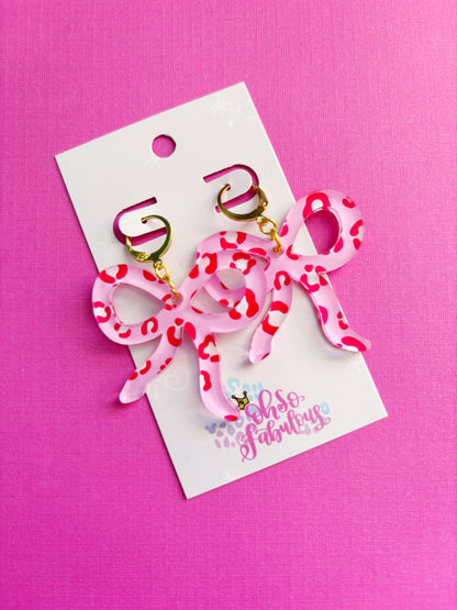 Pink and Red Cheetah Print Bow Dangle Earrings /// Valentines Day
