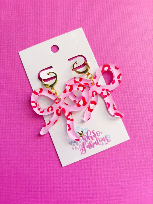 Pink and Red Cheetah Print Bow Dangle Earrings /// Valentines Day