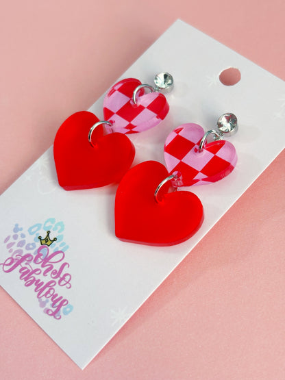 Pink and Red Check Heart Stacker Earrings /// Valentines Day