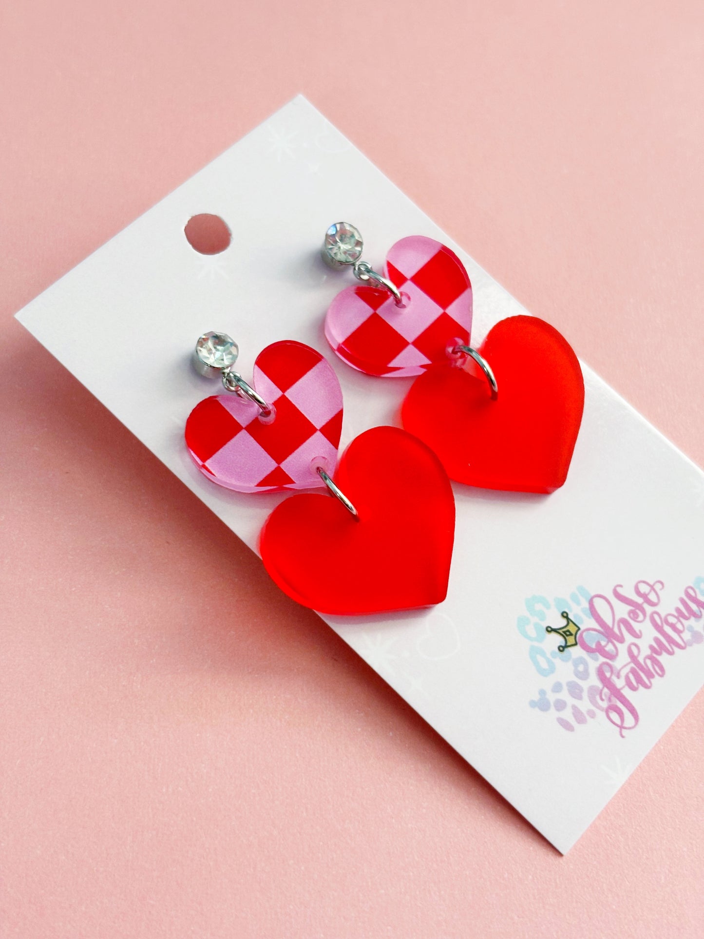 Pink and Red Check Heart Stacker Earrings /// Valentines Day