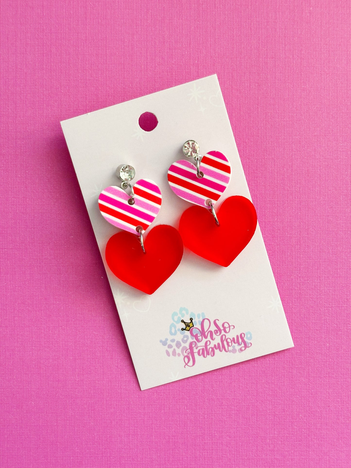 Pink and Red Striped Heart Stacker Earrings /// Valentines Day