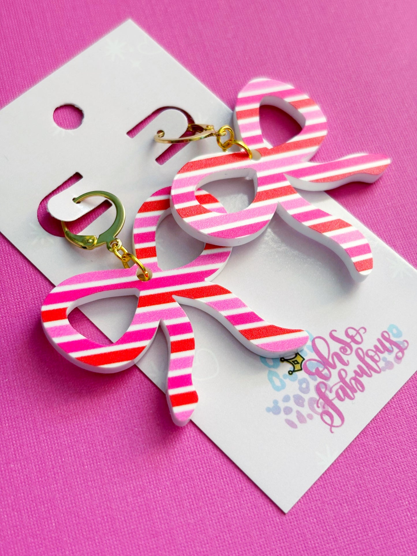 Pink and Red Striped Bow Dangle Earrings /// Valentines Day