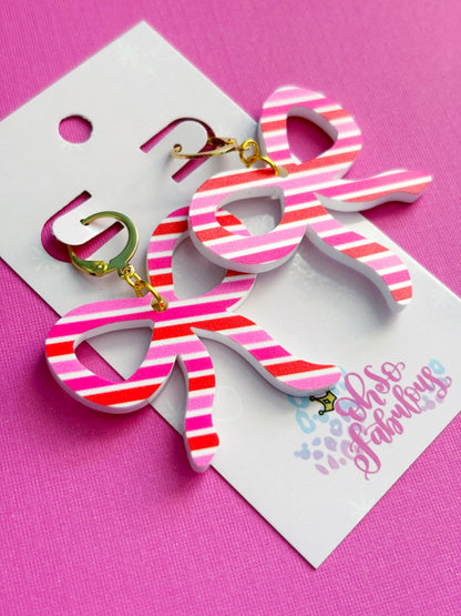 Pink and Red Striped Bow Dangle Earrings /// Valentines Day