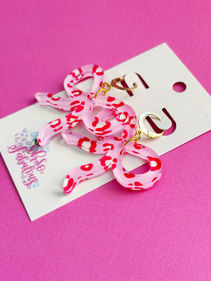 Pink and Red Cheetah Print Bow Dangle Earrings /// Valentines Day